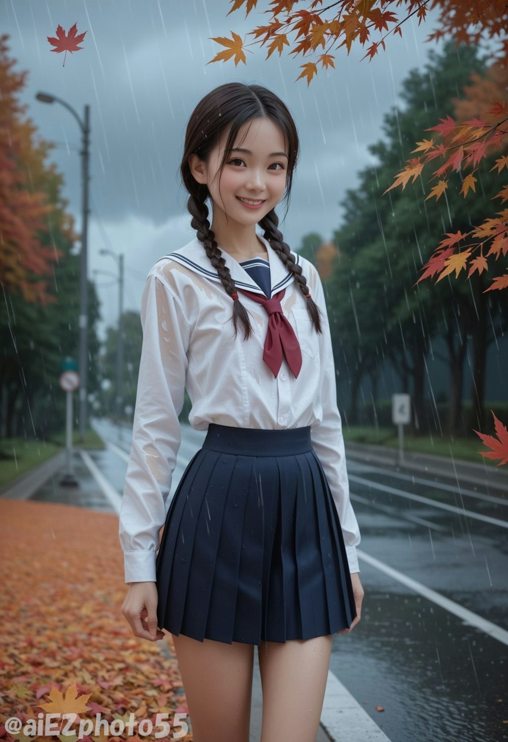 突然の　雷雨の中で　紅葉狩り