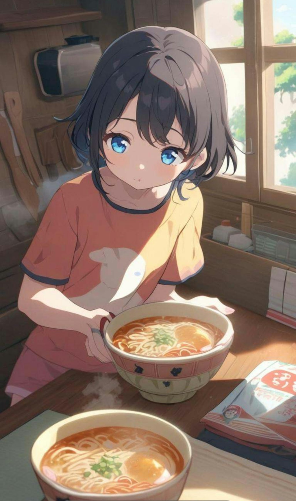 ラーメンを食べる小さな女の子