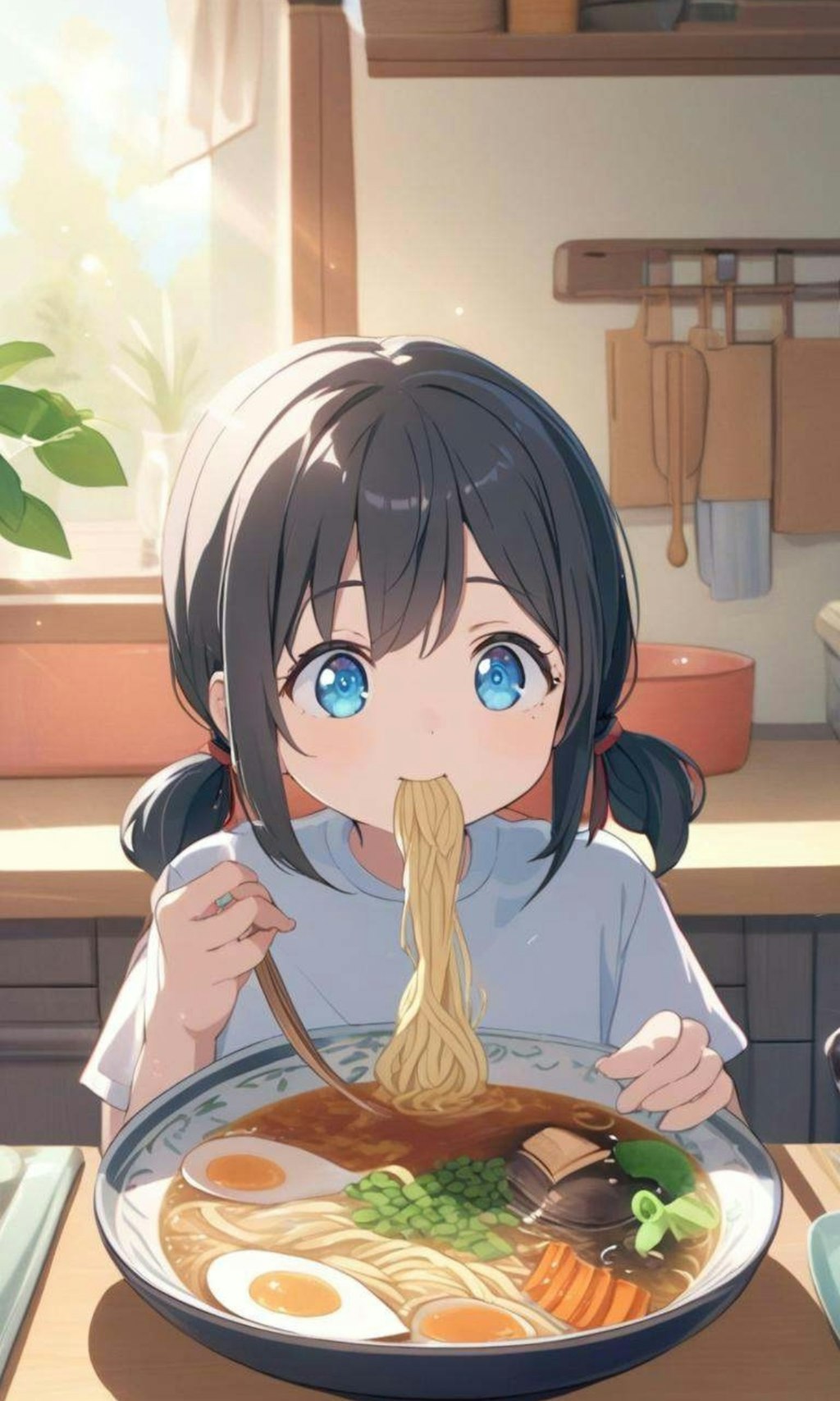 ラーメンを食べる小さな女の子