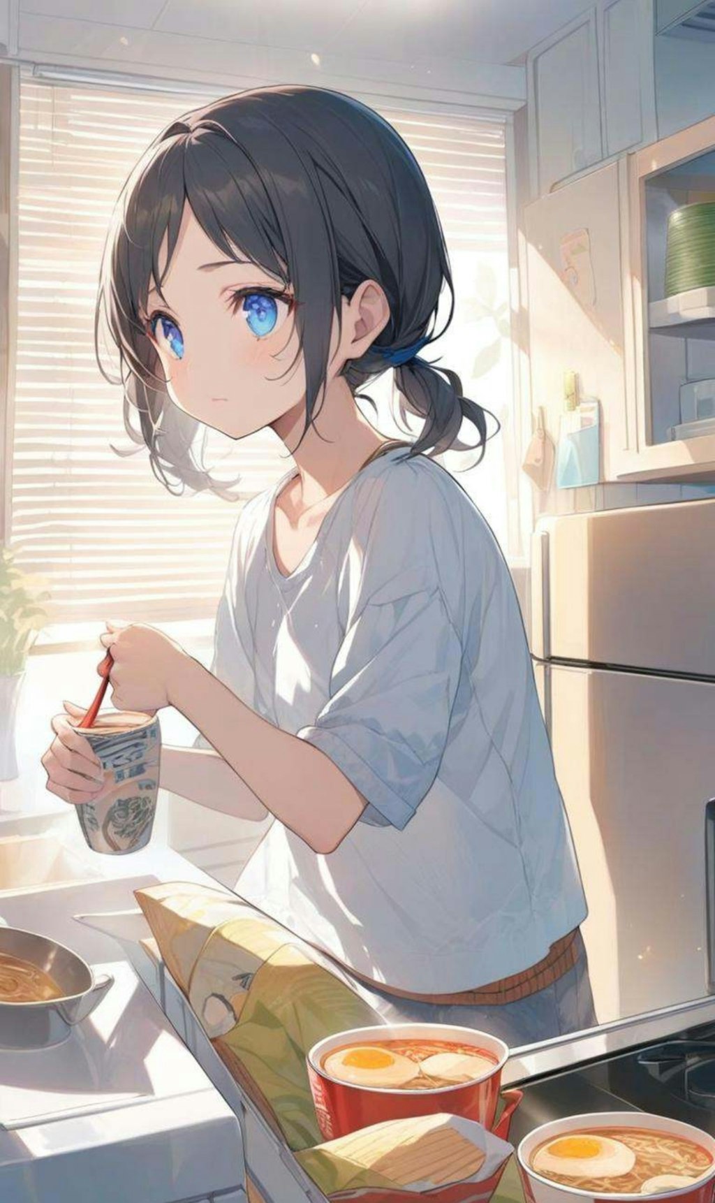 ラーメンを食べる小さな女の子