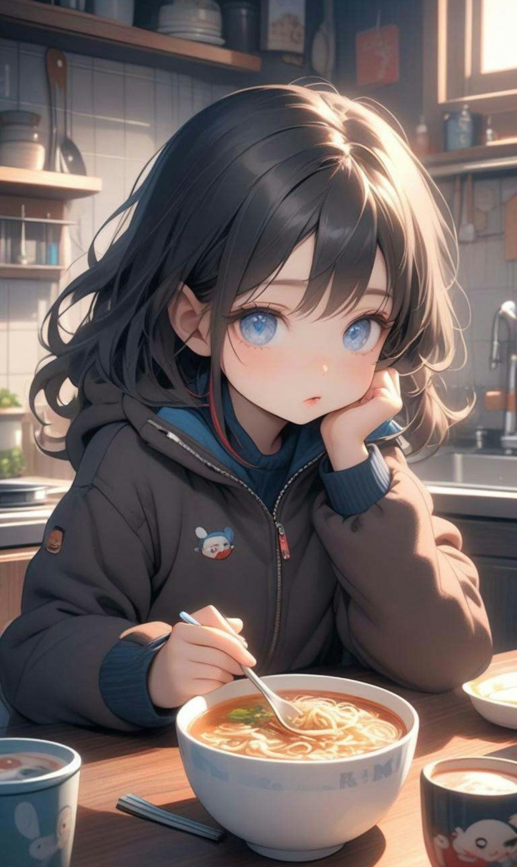 ラーメンを食べる小さな女の子