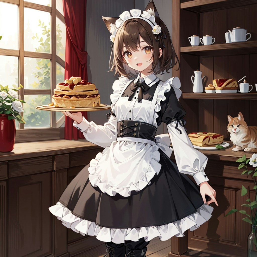 フルーツパイを運ぶ喫茶店で働く猫娘