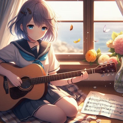 窓辺でギターを弾く女の子
