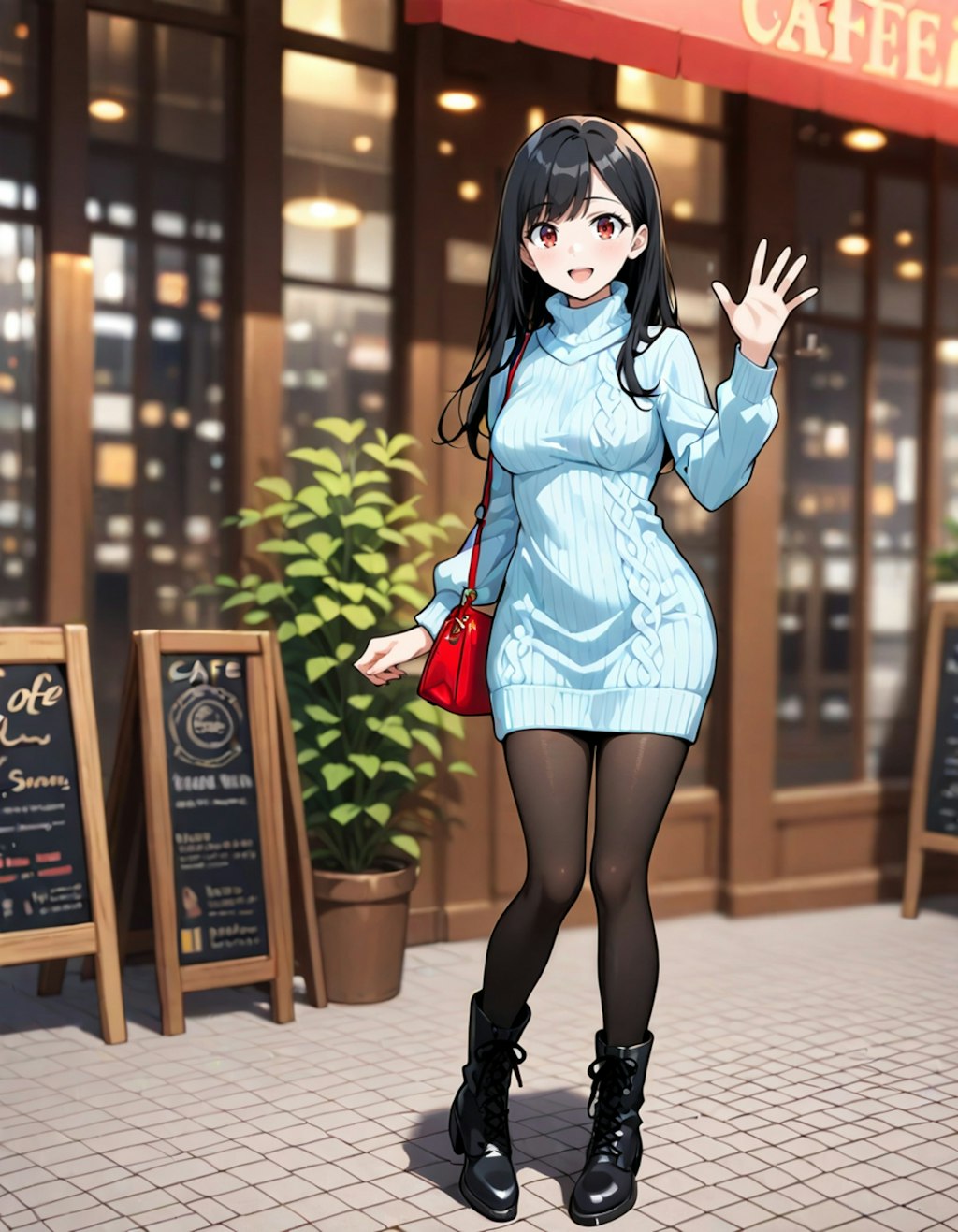 午後のひととき、カフェの前で待ち合わせ