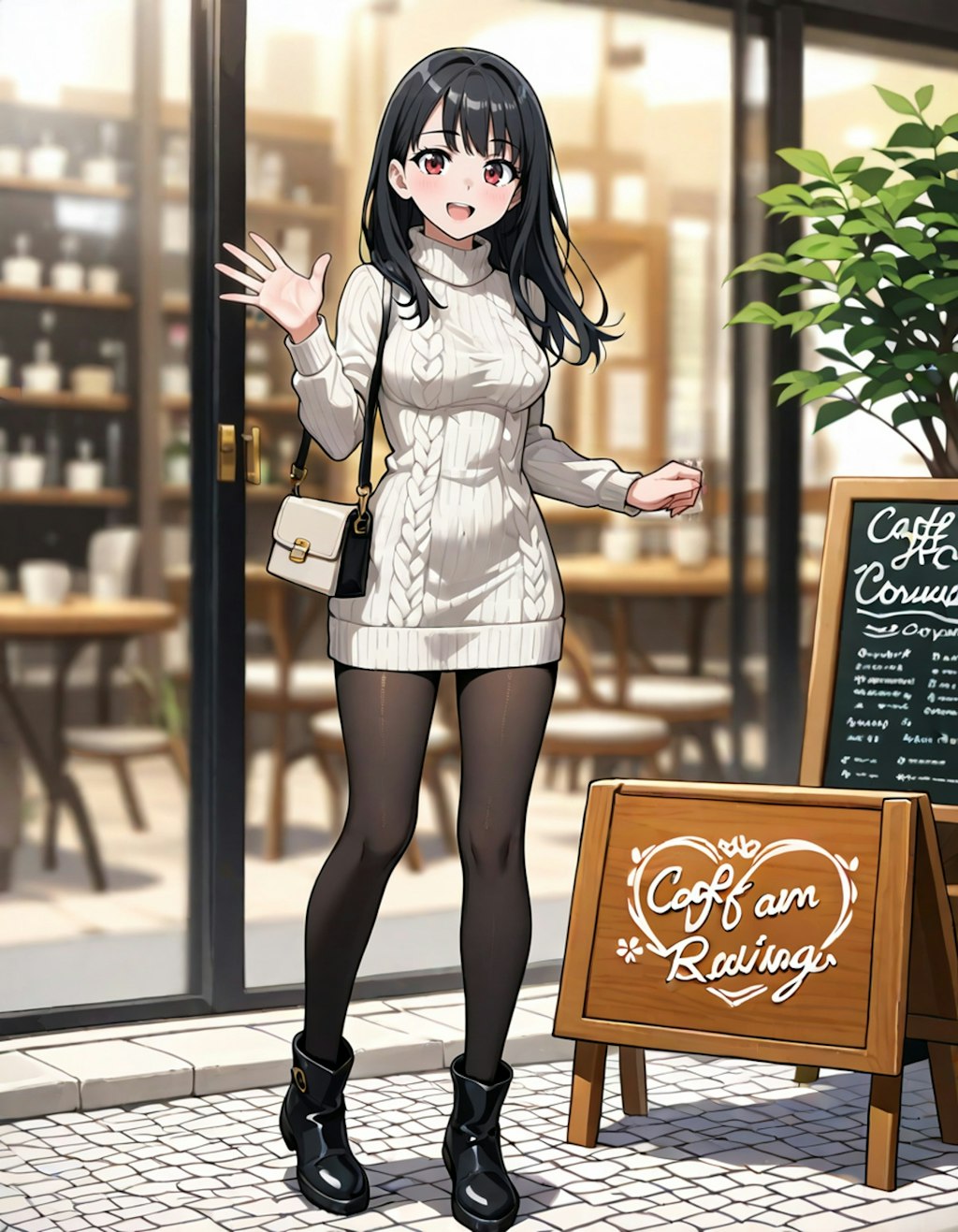 午後のひととき、カフェの前で待ち合わせ