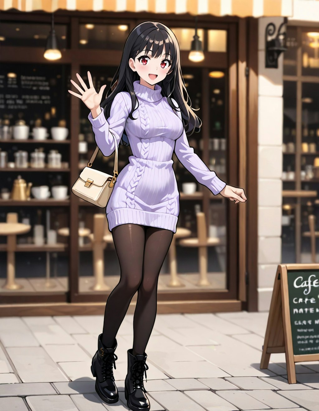 午後のひととき、カフェの前で待ち合わせ