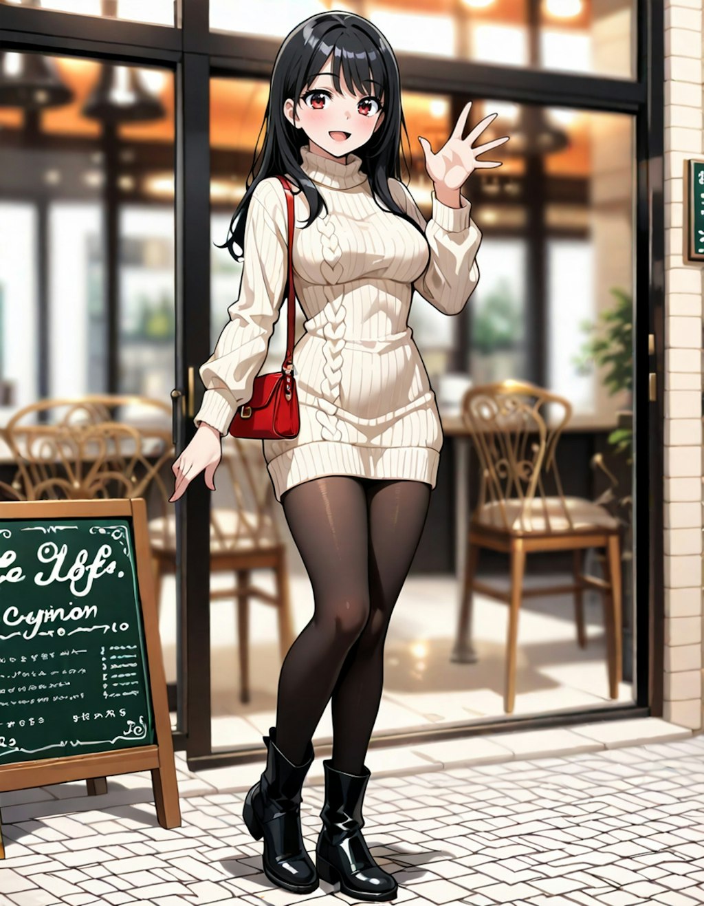 午後のひととき、カフェの前で待ち合わせ