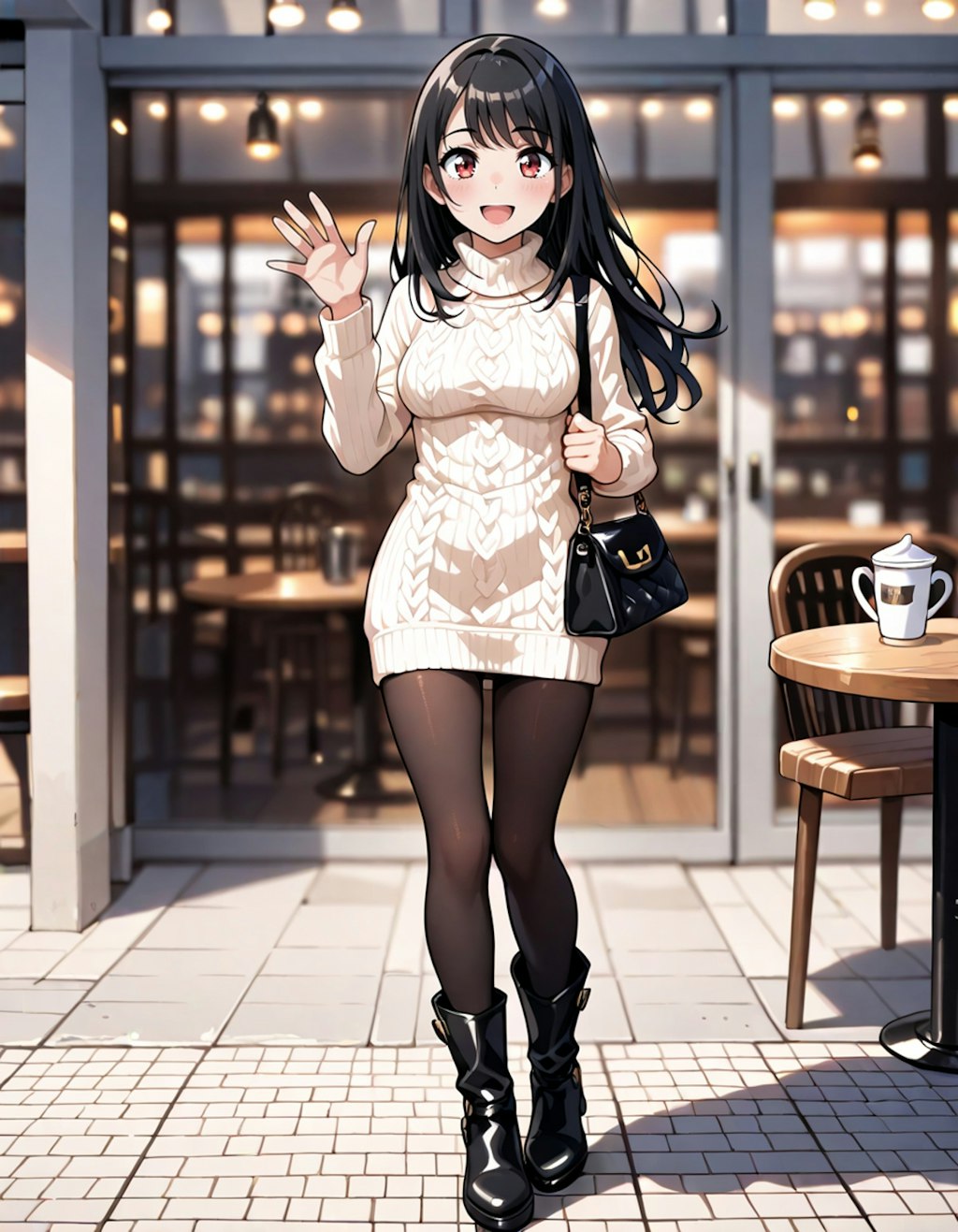 午後のひととき、カフェの前で待ち合わせ