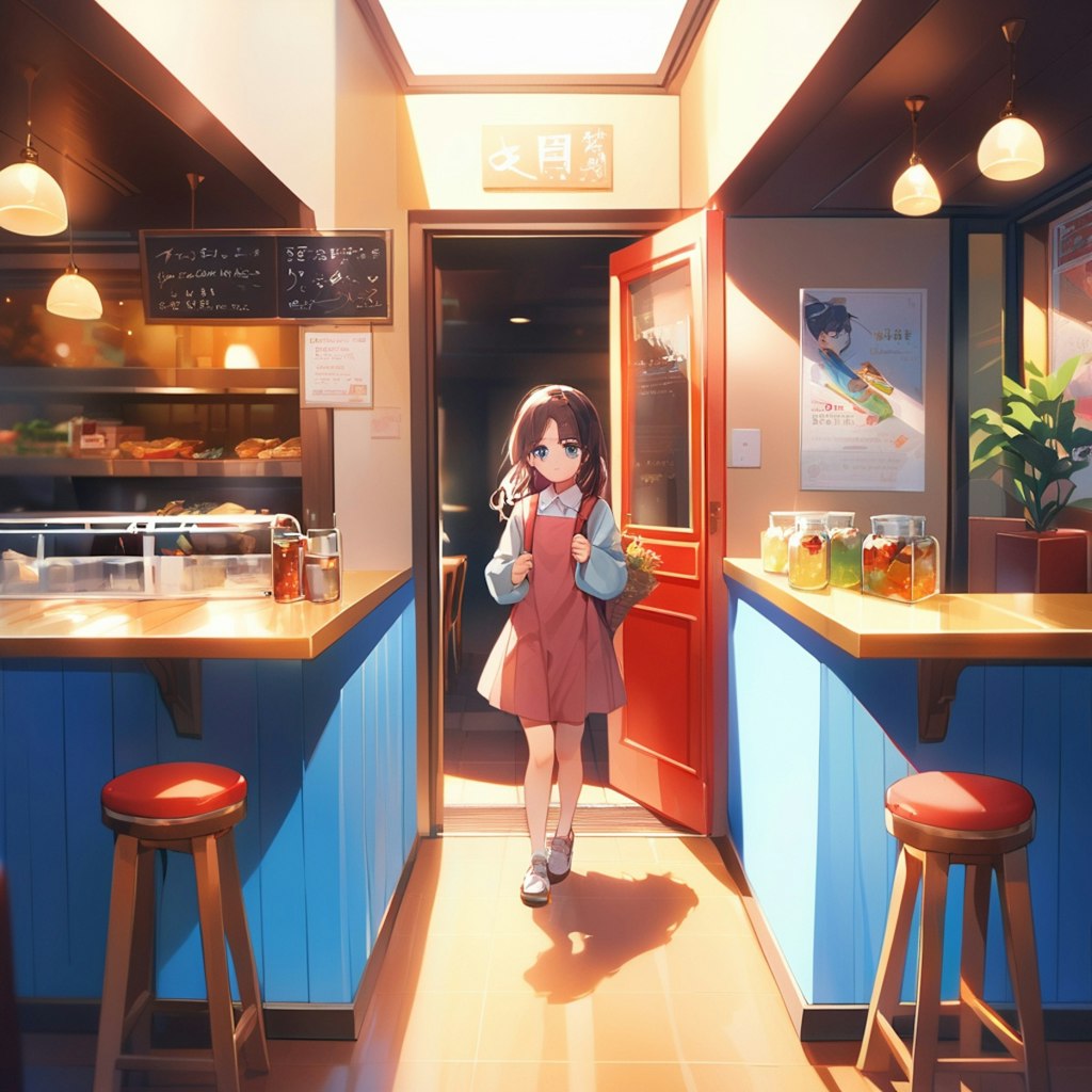 ご飯食べるためお店に入っていいかふらふら悩む小さな女の子