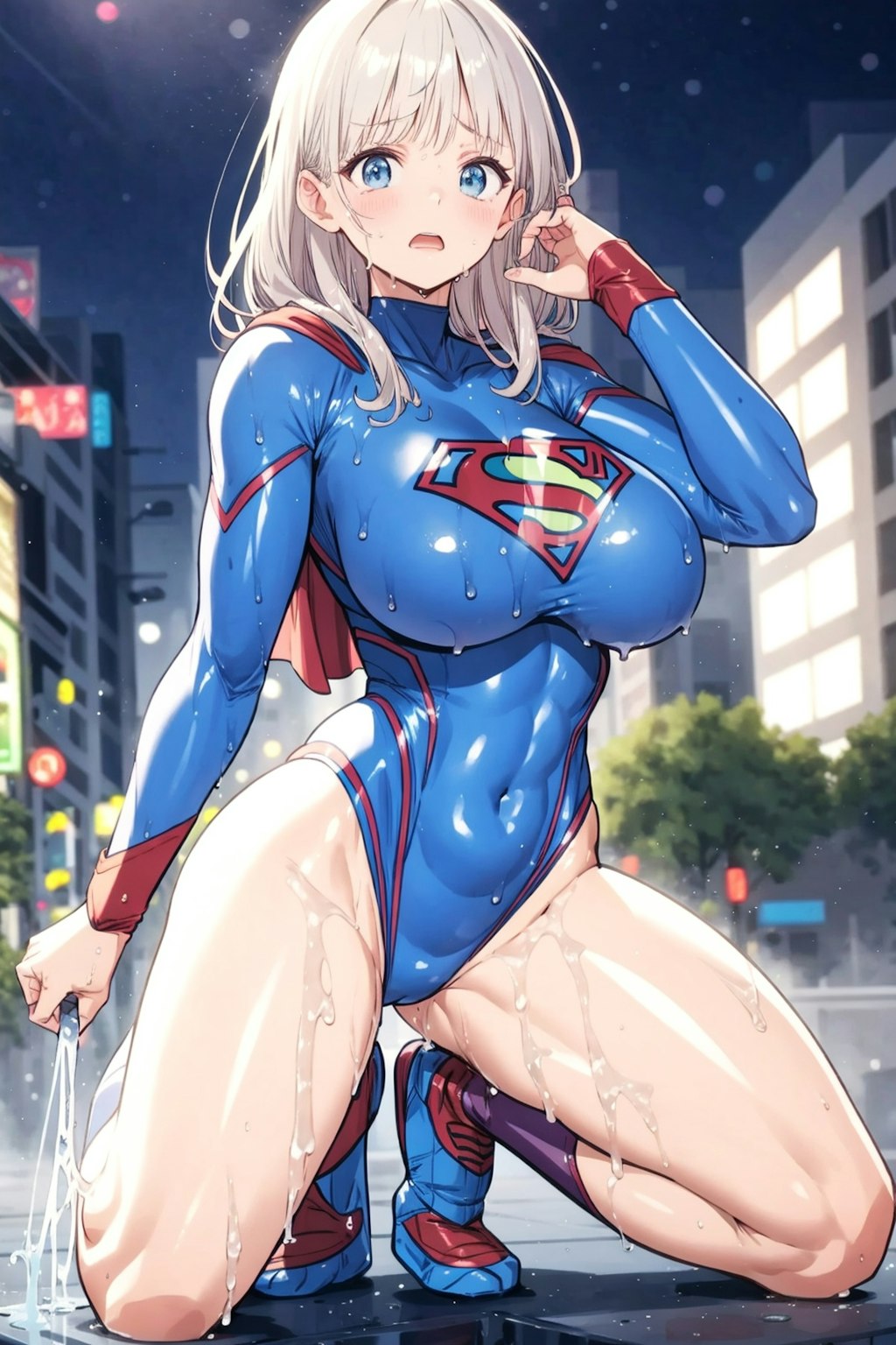 After the fight, Supergirl is embarrassed by her sweaty body line revealed in her leotard.