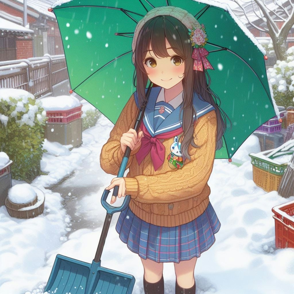 働く女子高生（雪かき）