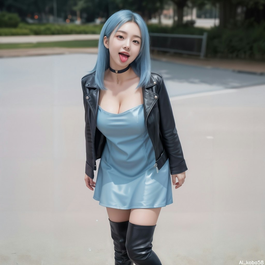 Vol76_Light blue mini dress+leather jacket