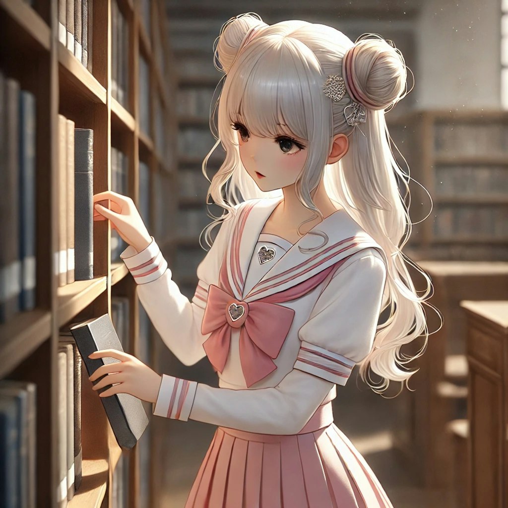 図書室で本を探している少女