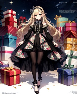 クリスマスプレゼントとドレス姿のエルフ魔女