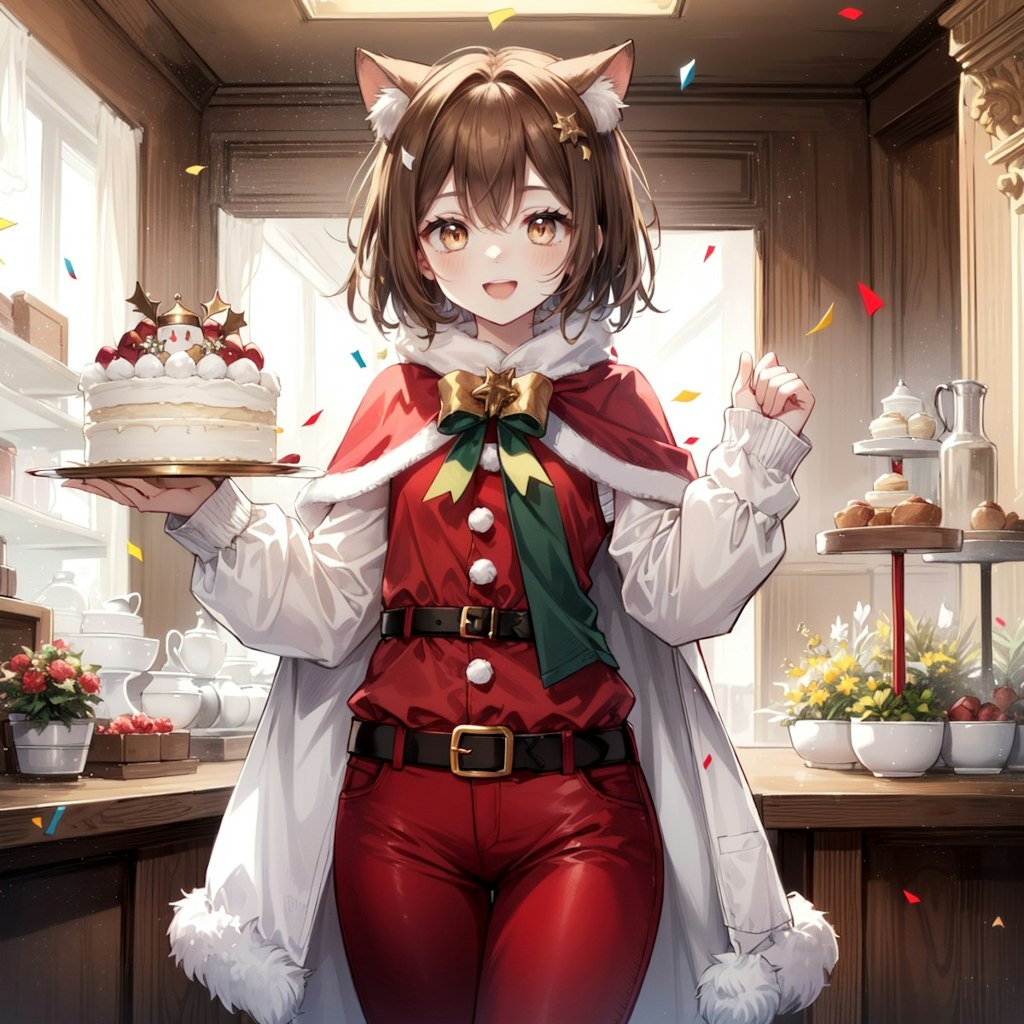 サンタ衣装でクリスマスケーキを運ぶ喫茶店で働く猫娘