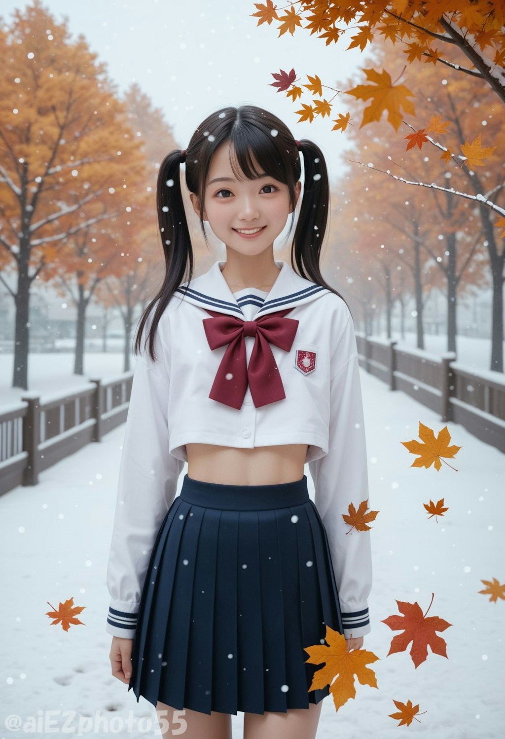 突然の　雪降る中で　紅葉狩り4