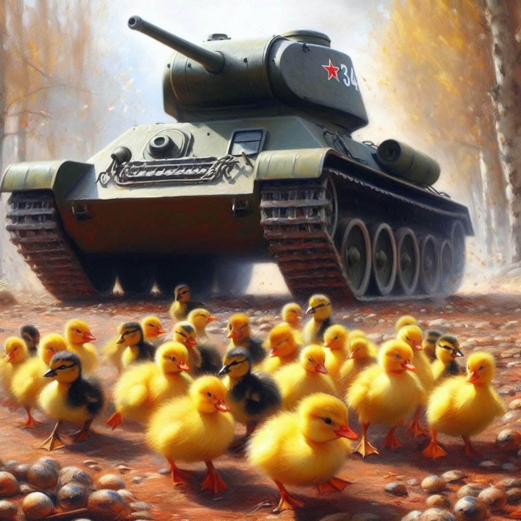 A tank leads chicks and ducklings (2)