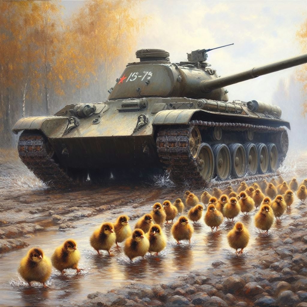 A tank leads chicks and ducklings (2)