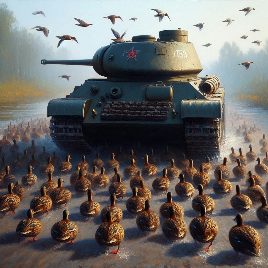 A tank leads chicks and ducklings (2)