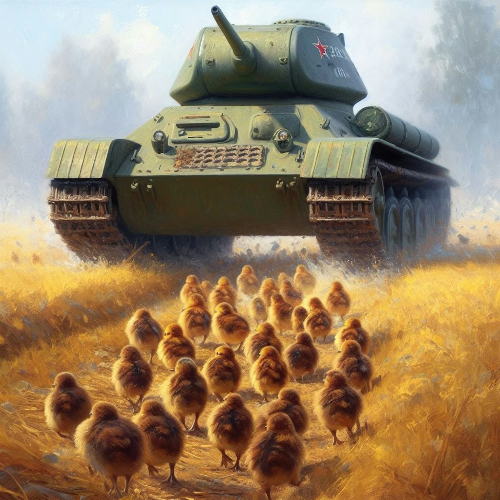 A tank leads chicks and ducklings (2)