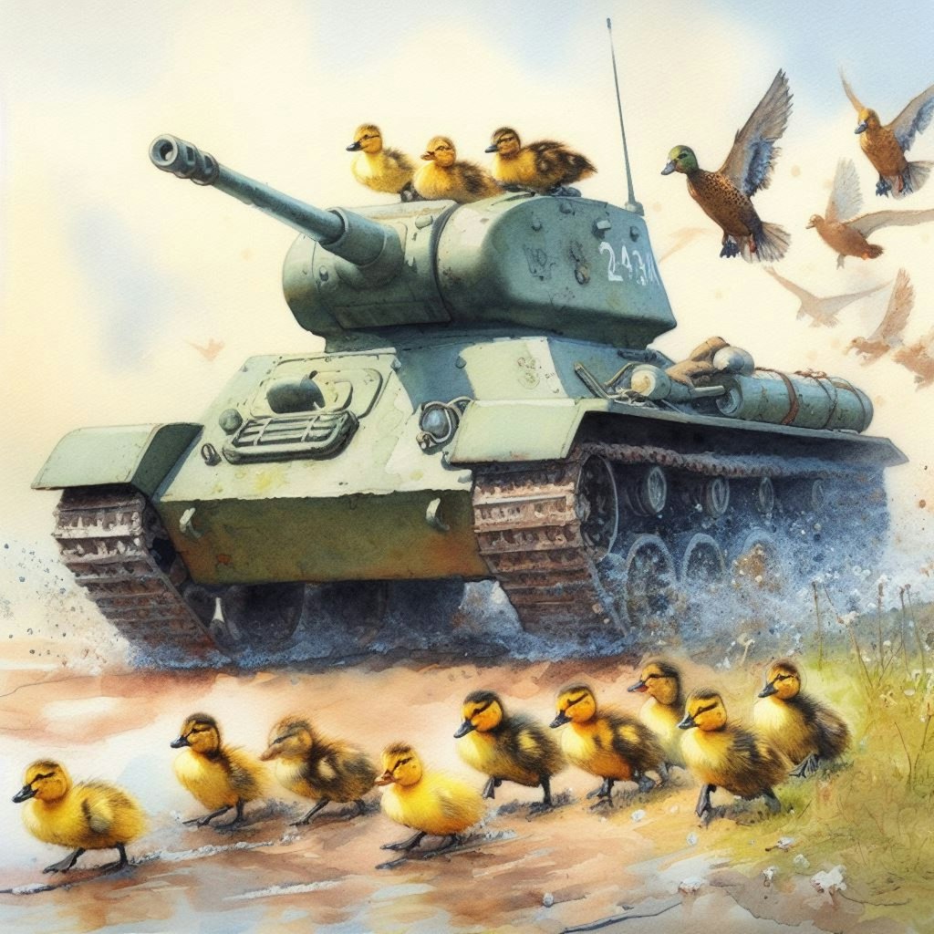 A tank leads chicks and ducklings (2)