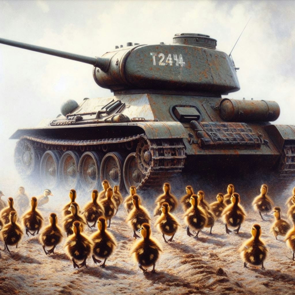 A tank leads chicks and ducklings (2)