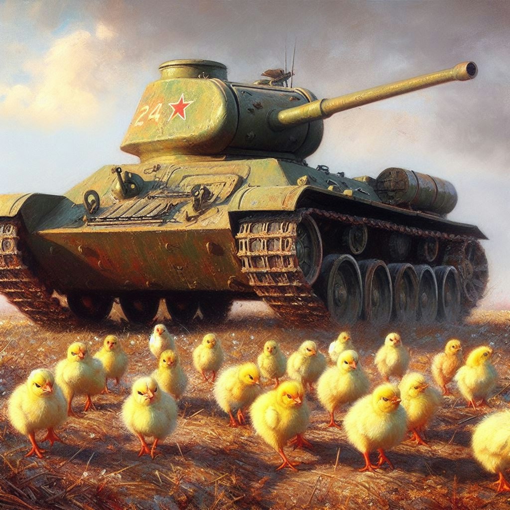 A tank leads chicks and ducklings (2)