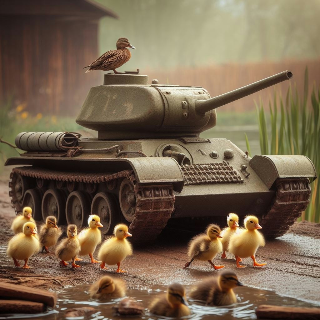 A tank leads chicks and ducklings (2)