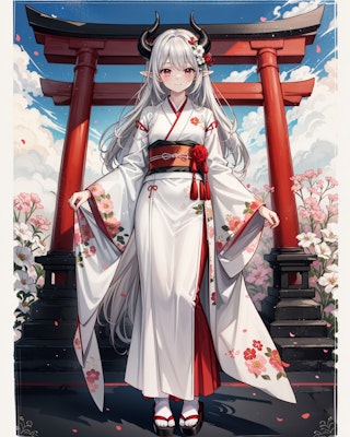 神社の鳥居と白い着物の銀髪竜姫