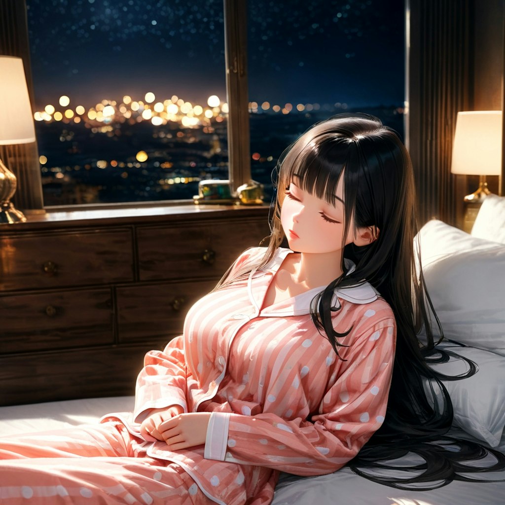 夜景を眺めていたら寝落ちしちゃった美女