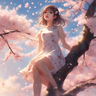 💓桜の樹の上で物思いにふける少女