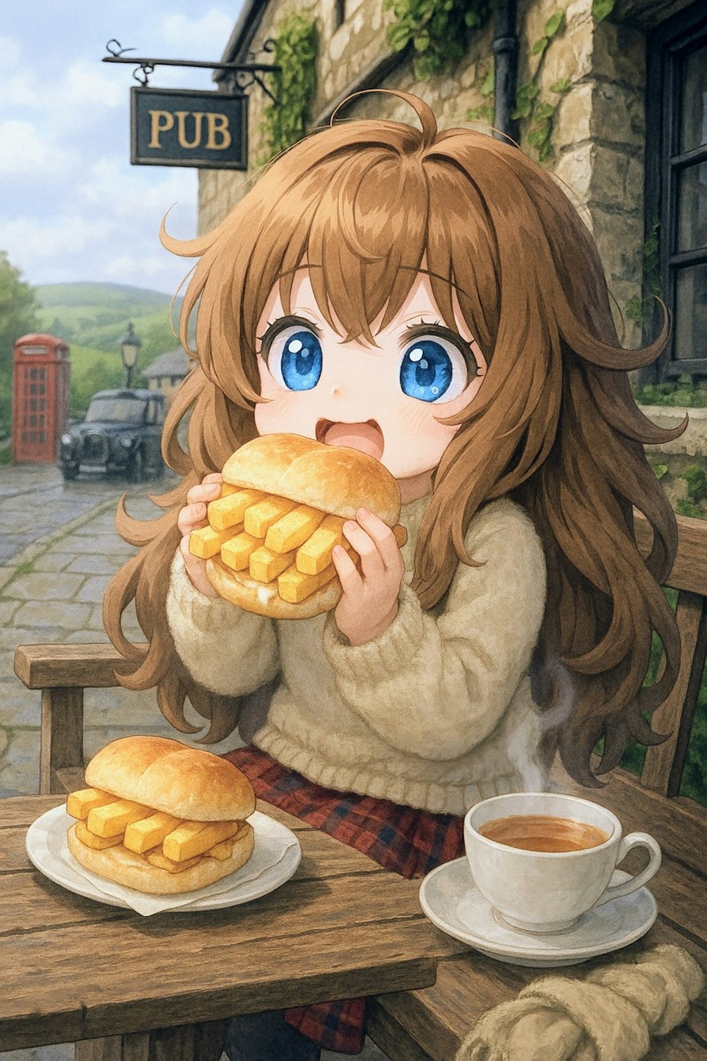 チップバティとレモンドリズルケーキを食べる小さな女の子