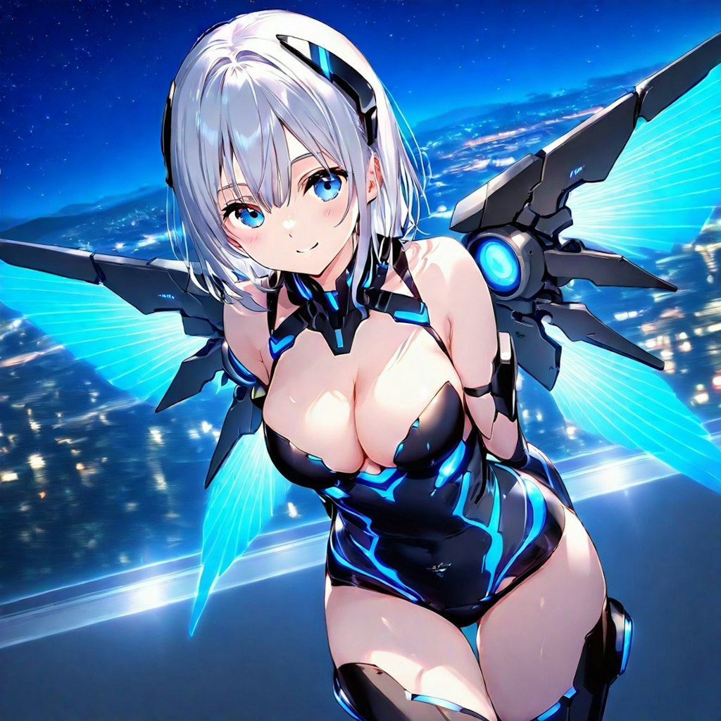 羽根つき銀髪ショートのメカ娘ちゃん