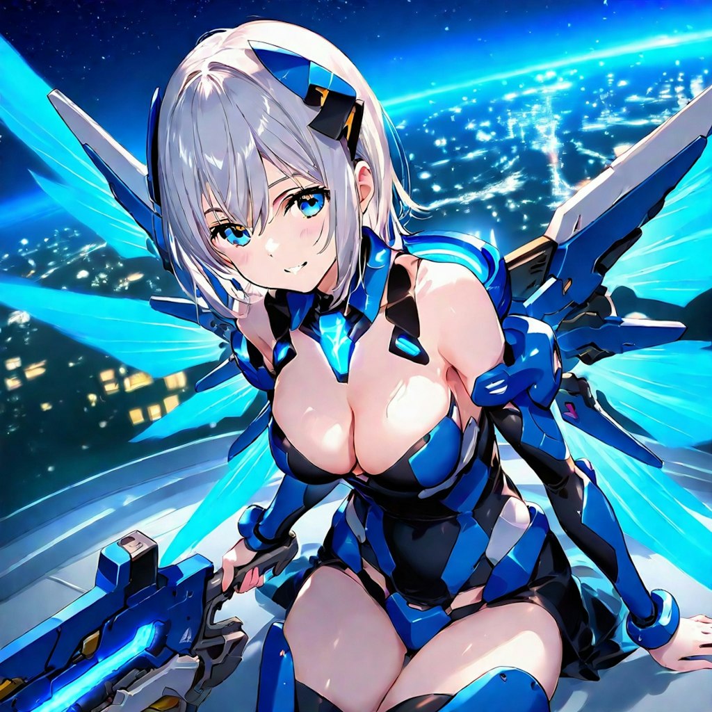 羽根つき銀髪ショートのメカ娘ちゃん