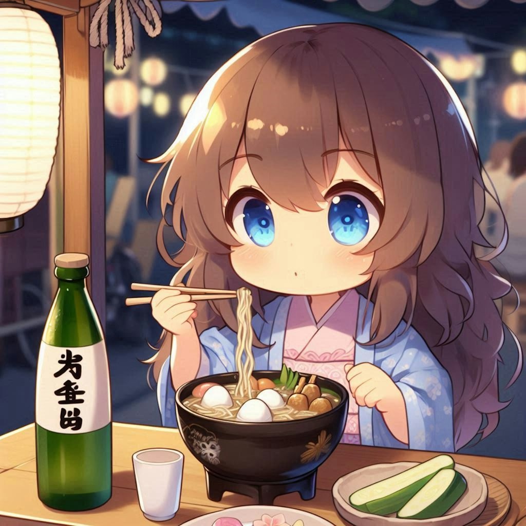 寒空の下,屋台で温かい料理を食べる小さな女の子