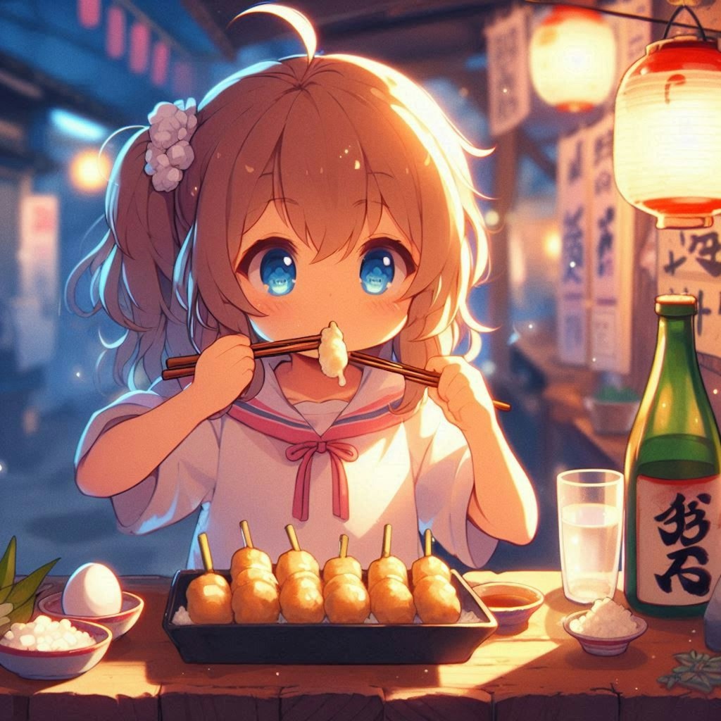 寒空の下,屋台で温かい料理を食べる小さな女の子