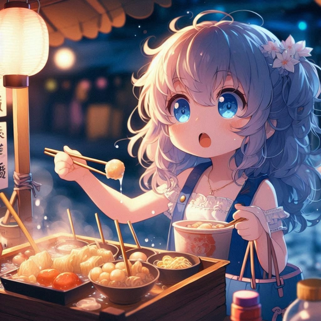 寒空の下,屋台で温かい料理を食べる小さな女の子