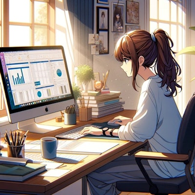 自宅の書斎でパソコンで作業をしている茶髪ポニーテールの女性