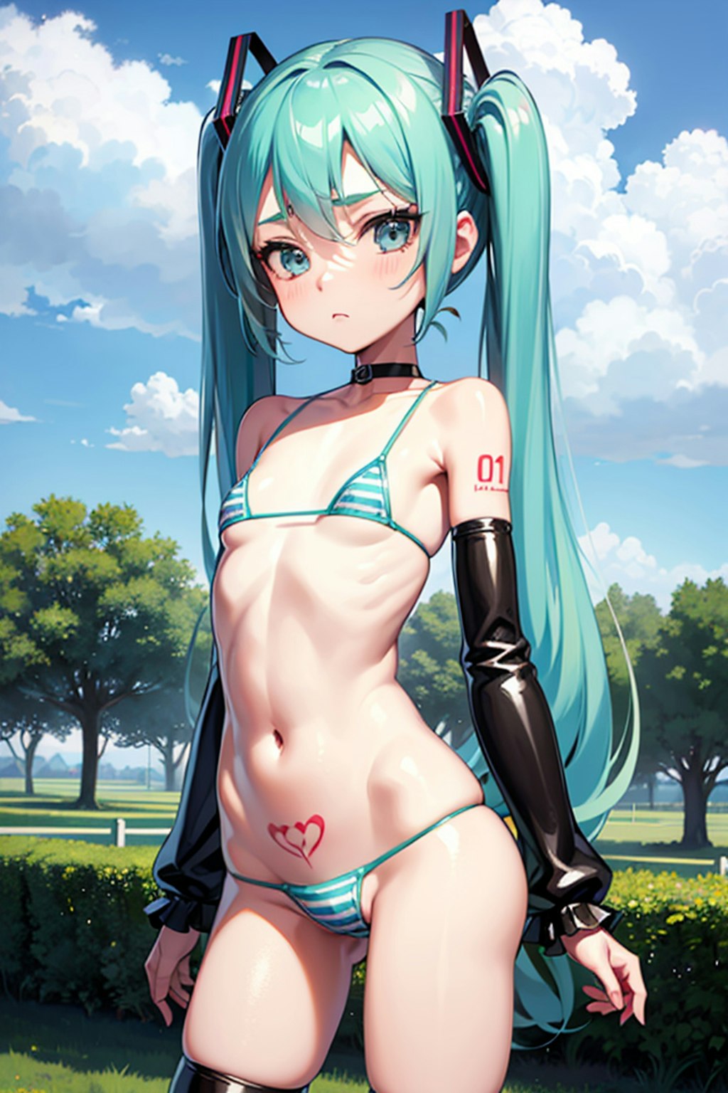 初音ミクです。022_ifビキニで公園_すとーん。『はい？』（イラスト風）