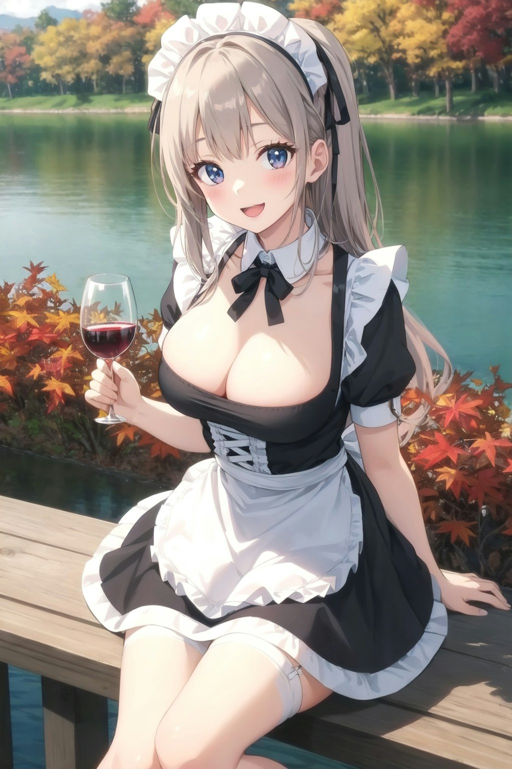 a maid girl holding a glass of wine