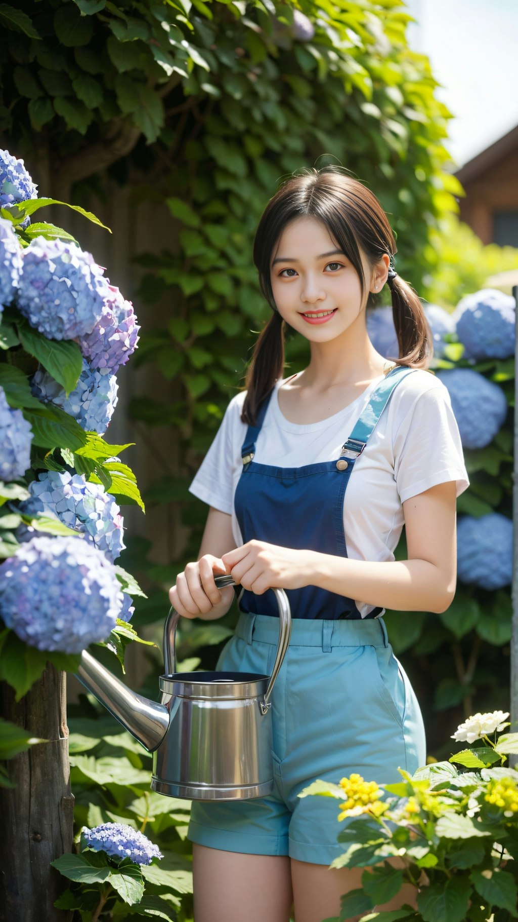 Mia watering flowers