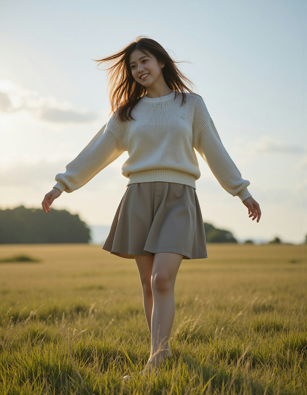 秋の草原に立つ女性