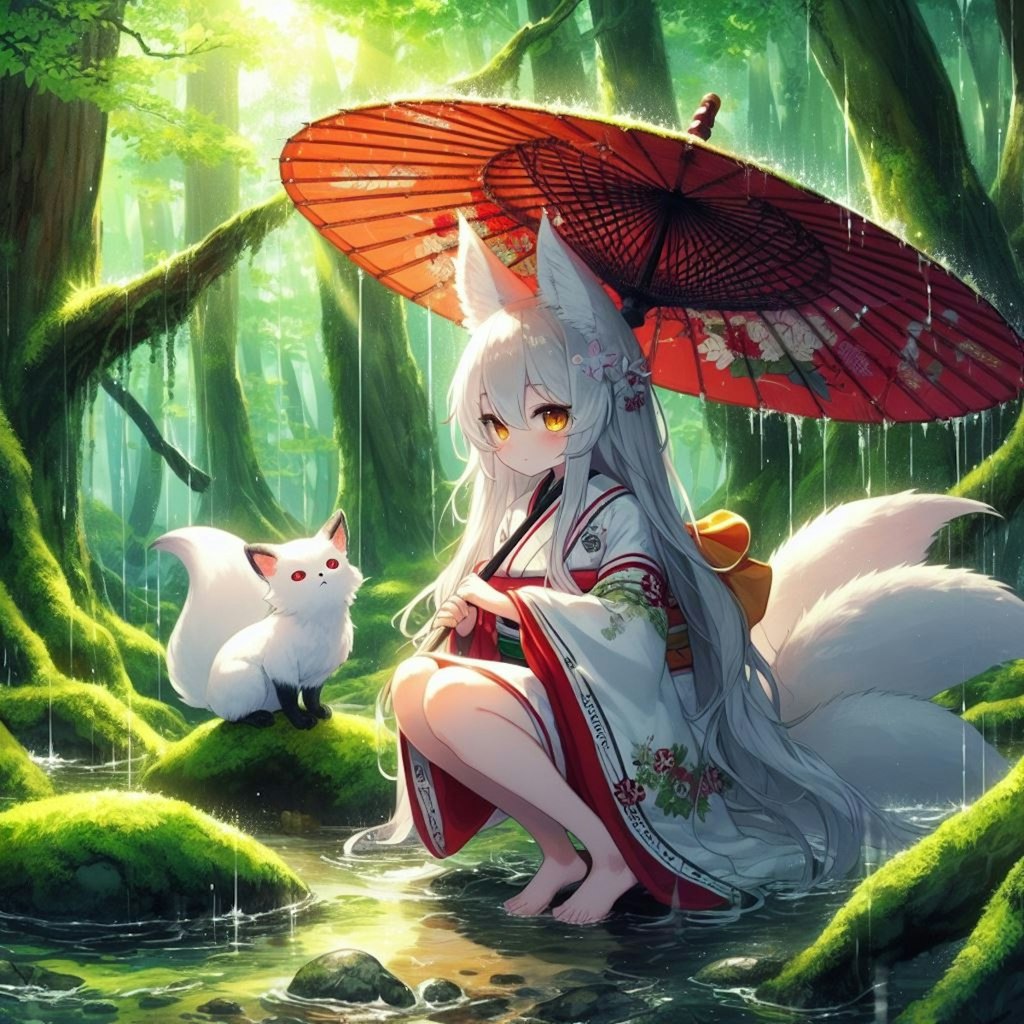 赤い傘をさした白狐