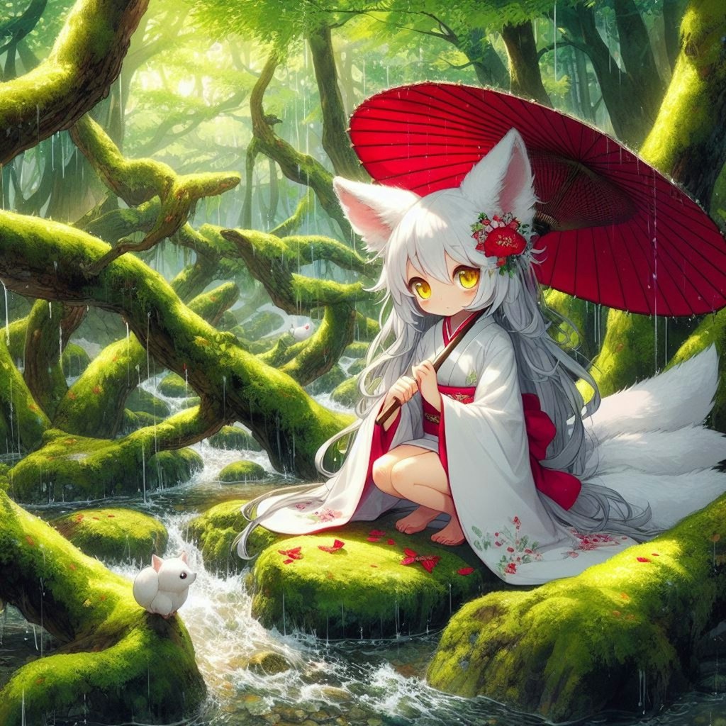 赤い傘をさした白狐