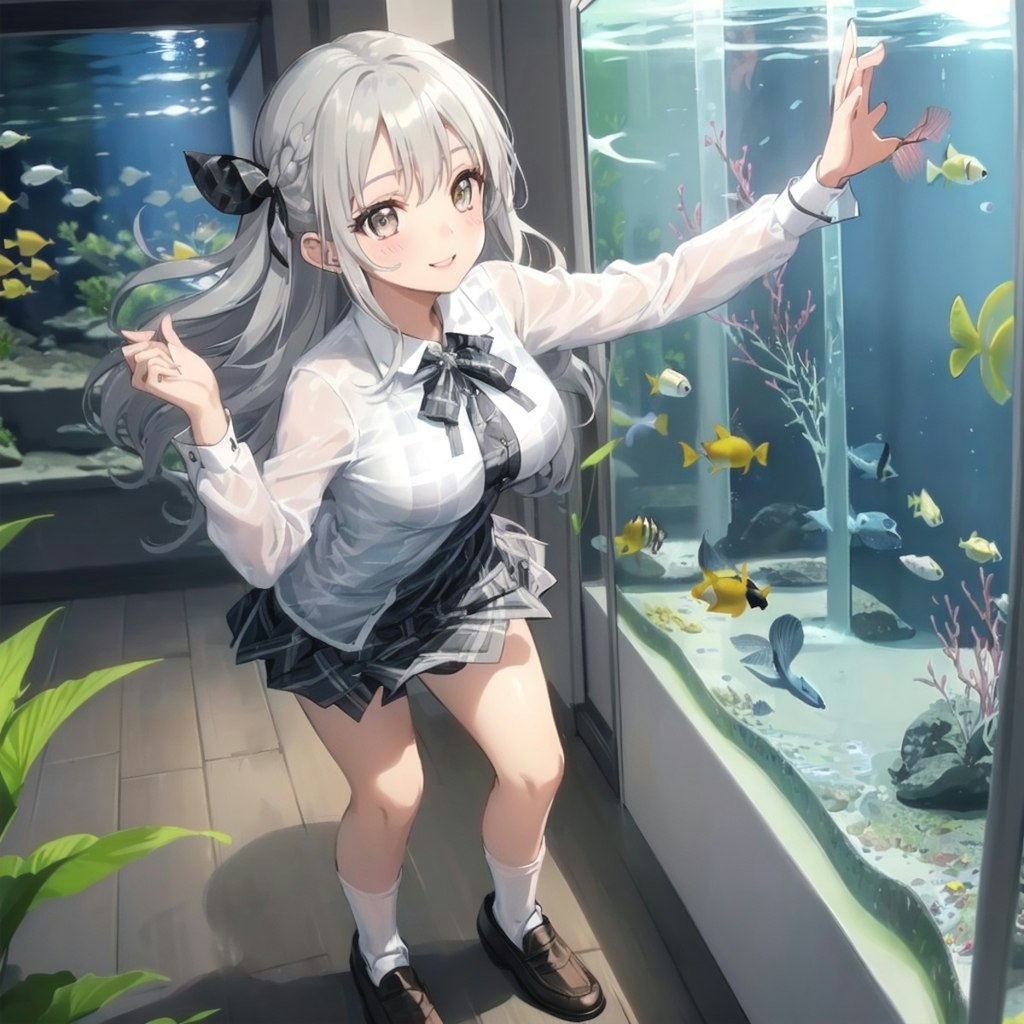 水族館でまったりする銀髪の女の子