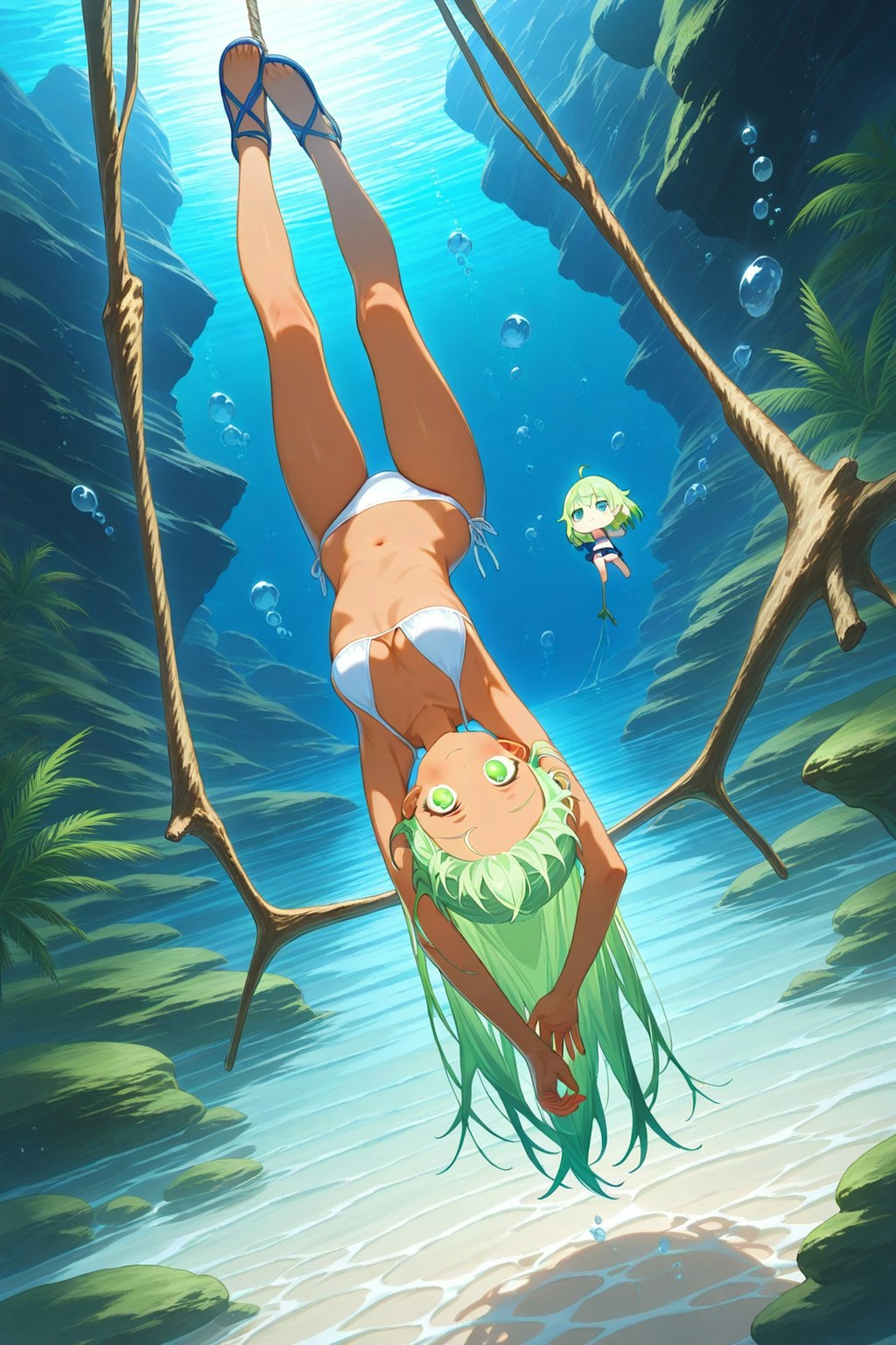 海中で逆さ吊り