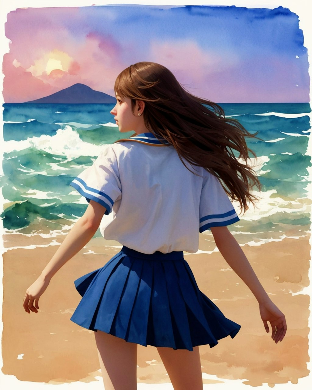 highschool  girl walking into ocean,