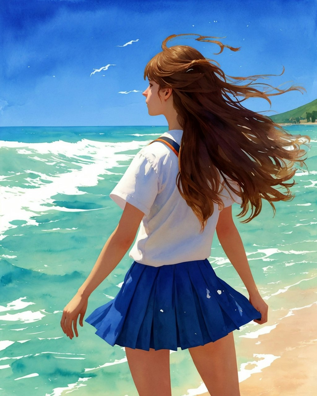 highschool  girl walking into ocean,