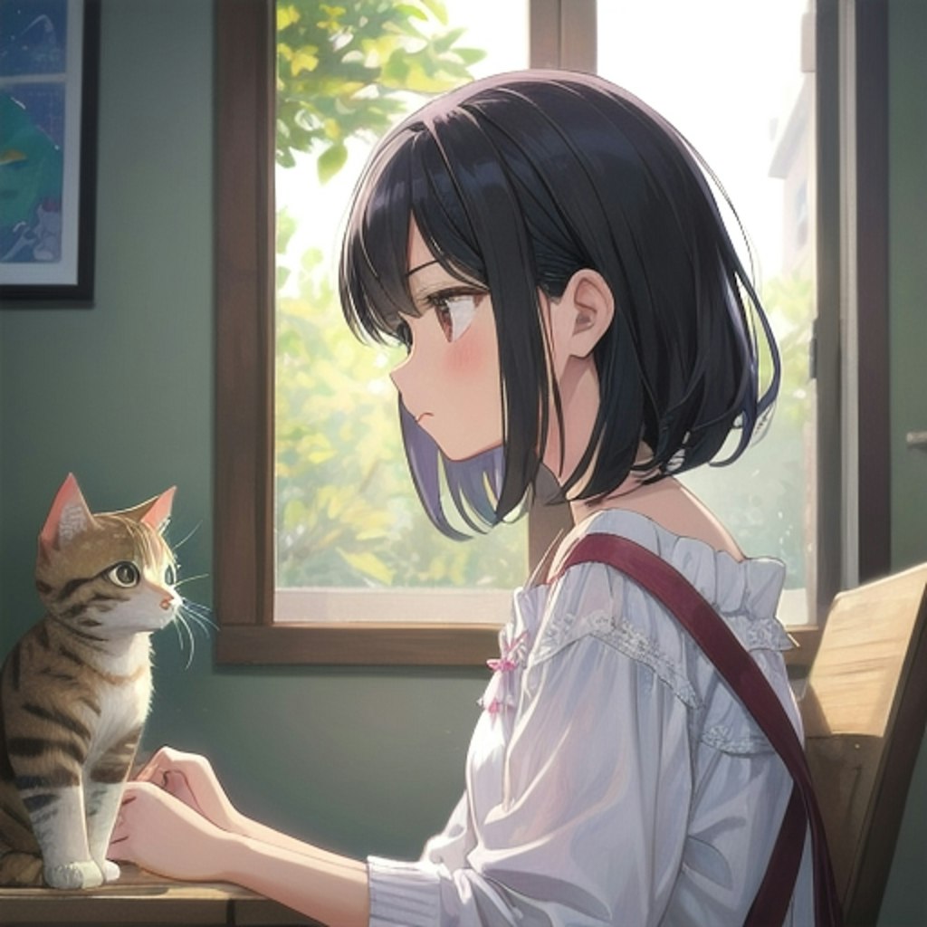 猫が見つめる少女