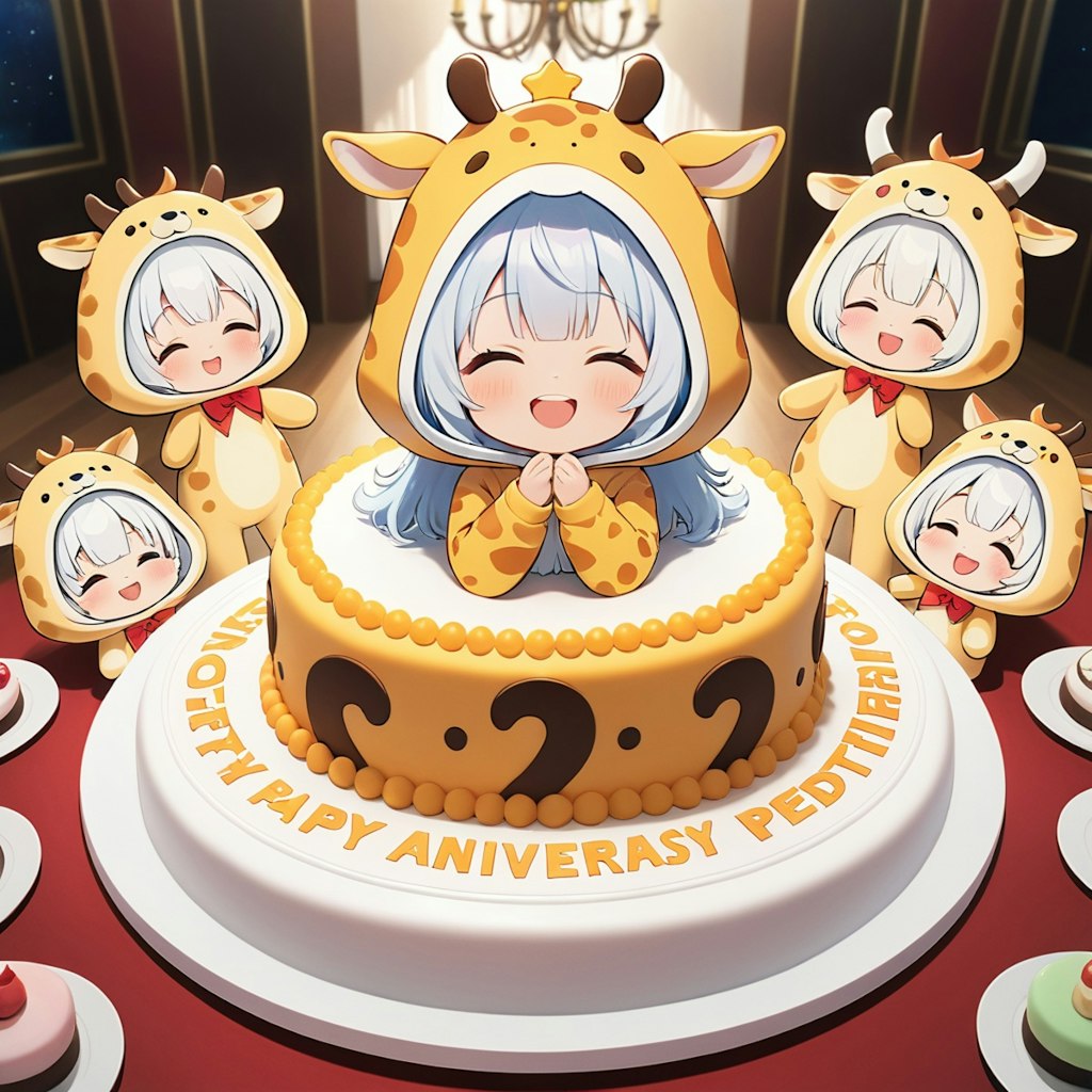 ２周年をケーキでお祝いキリン着ぐるみちび子ちゃん